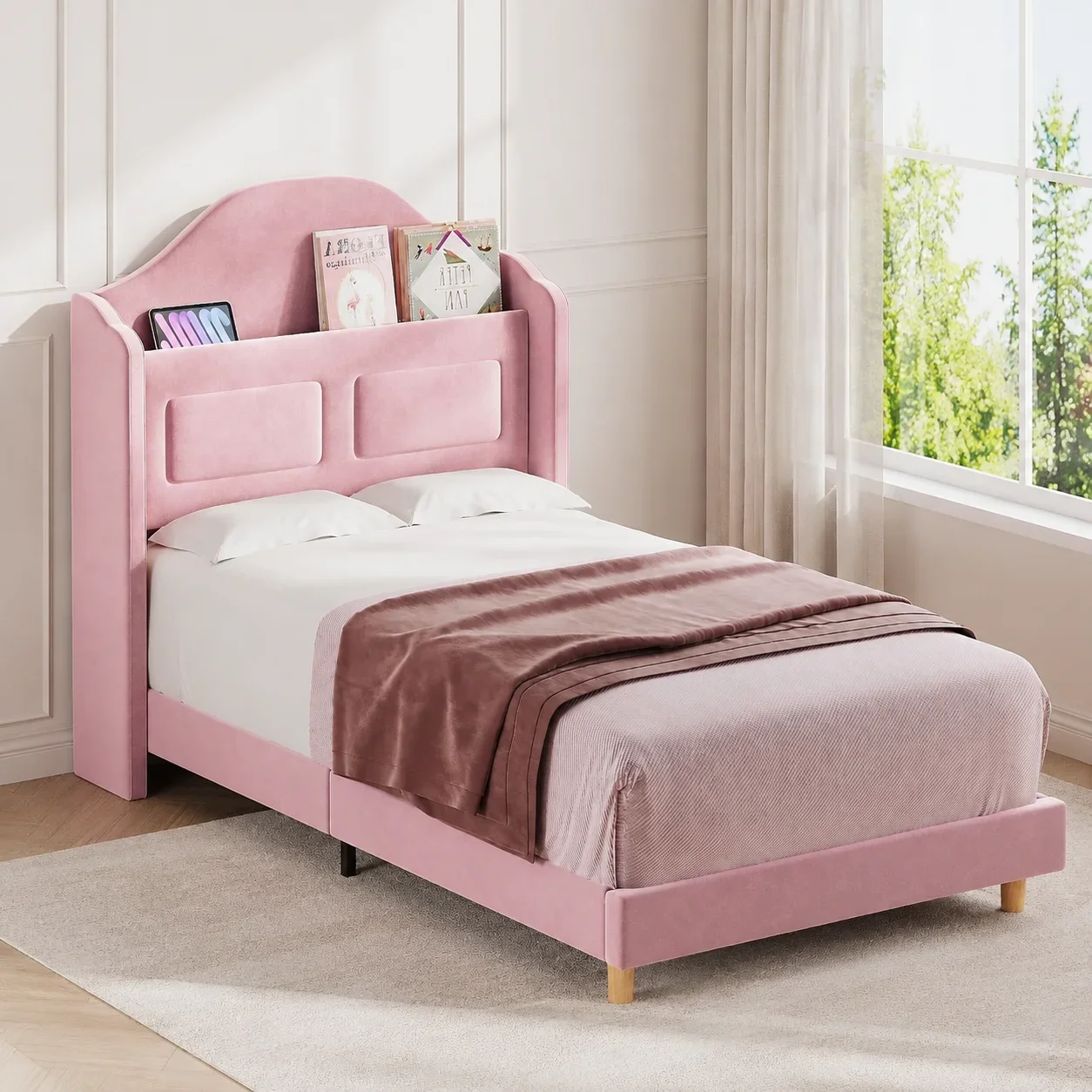 USA Stock Twin Bed Frame for Kids, Upholstered Velvet Princess Platform Bed, Pink | Wingback Headboard with LED Light & Storage