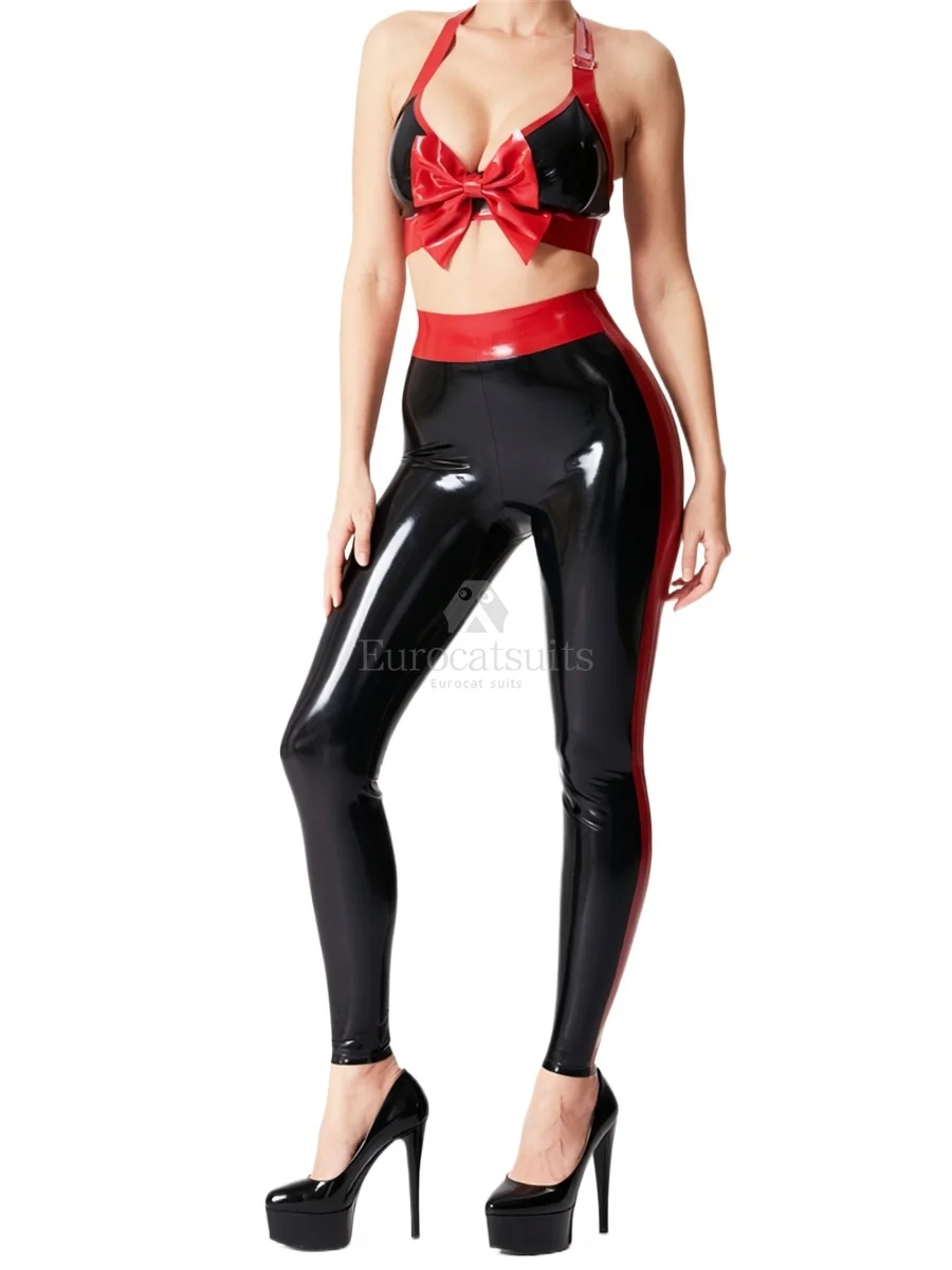 

Black Red Latex Rubber Pants Women High Waist Slim Fit Side Stripe Leggings Fetish Cosplay Party Costume