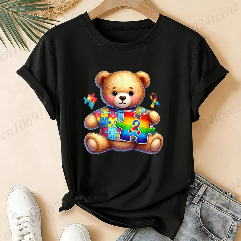 Unisex Autism Awareness Cute Teddy Bear Print T Shirt Women Men Autism Acceptance Rainbow Graphic T-Shirts Short Sleeve Tops
