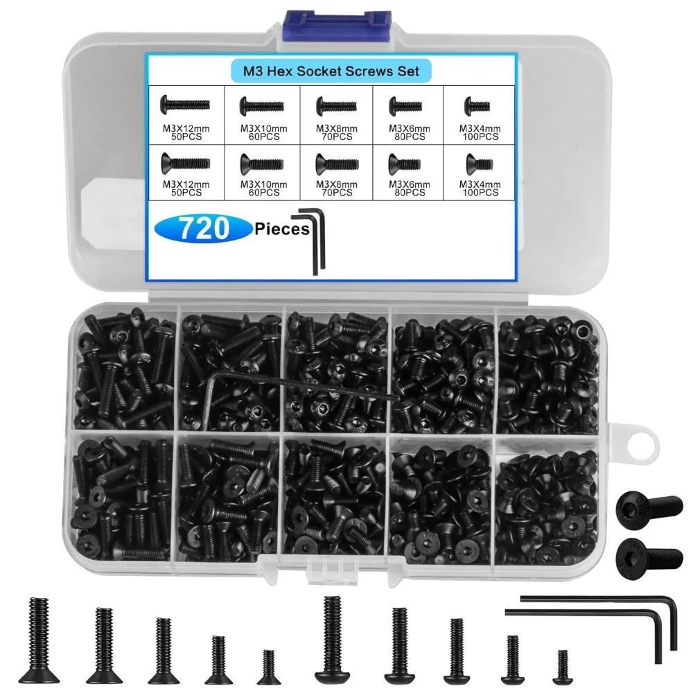 

720 шт. винтов с шестигранной головкой и потайным шлицем M3, цилиндрические винты, винты с полукруглой головкой, винты с шестигранной головкой и плоской головкой, машинные винты