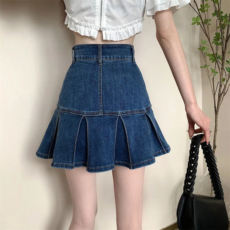 Lucyever Korean Style Women\'s Mini Denim Skirt Fashion High Waist A-Line Jean Skirts Woman 2025 Summer New Street Pleated Skirts
