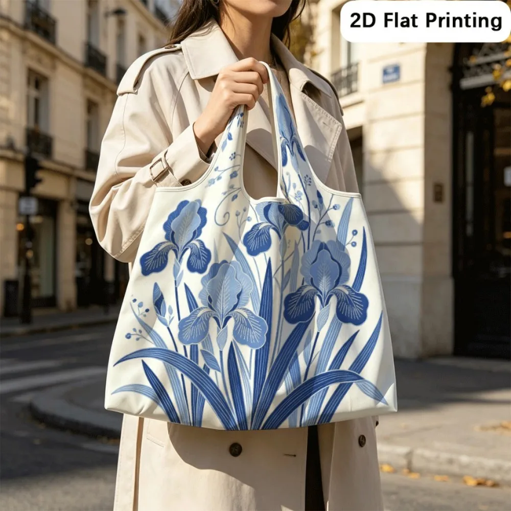 Blue Iris Embroidery Simple foldable shoulder tote, great daily bag for students.
