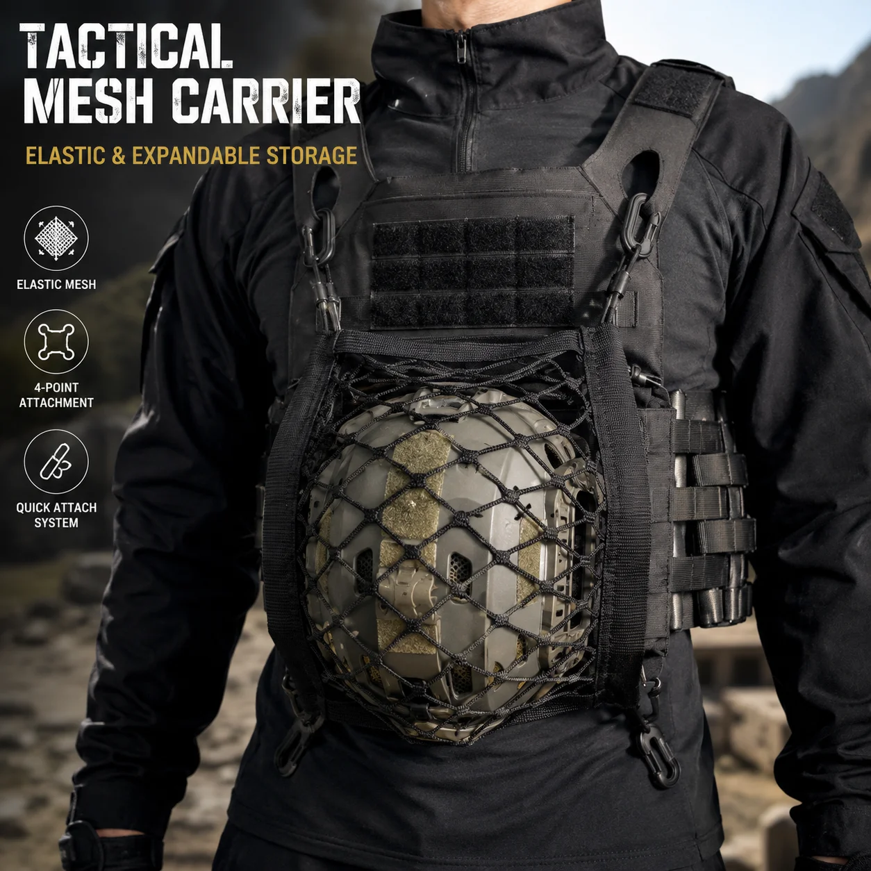 Tactical Elastic Mesh Carrier Pouch 4 Point Hook Plate Carrier Helmet Holder Expandable Gear Storage Vest Accessory