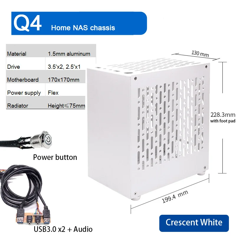 ARSYLID Q4 Home Nas Aluminum Chassis 3.5' X2 2.5' 75mm CPU Radiator Flex PSU Mini ITX Compter Case