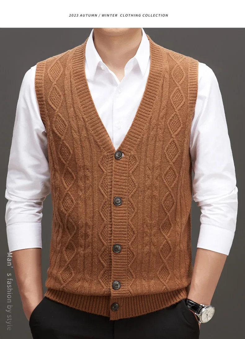 Cardigan wool vest middle-aged and elderly knitted vest thick men's sleeveless cardigan vest in autumn and winter