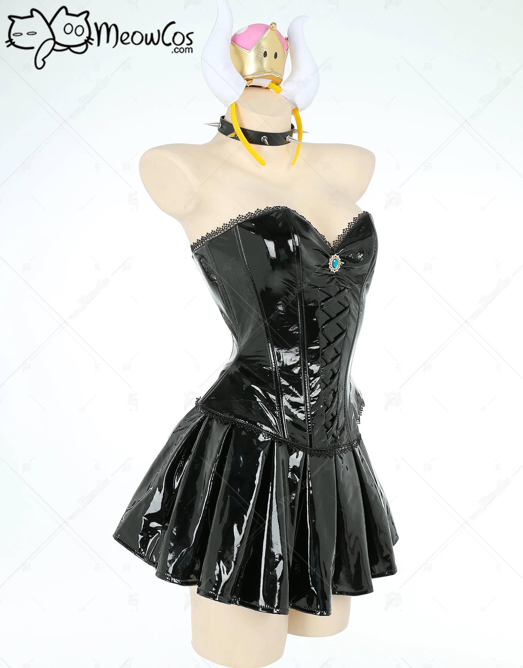 

Meowcos Women Sexy Black PU leather Dress Tube Top Tights Corset and Skirt Set with Crown and Accessories Cosplay Costumes