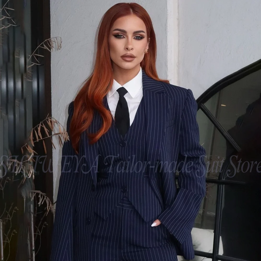 

Blue Stripe Female Suit 3 Pieces Jacket Pants Vest Formal Evening Party Suits Daily Office Lady Set Conjuntos De Mujer