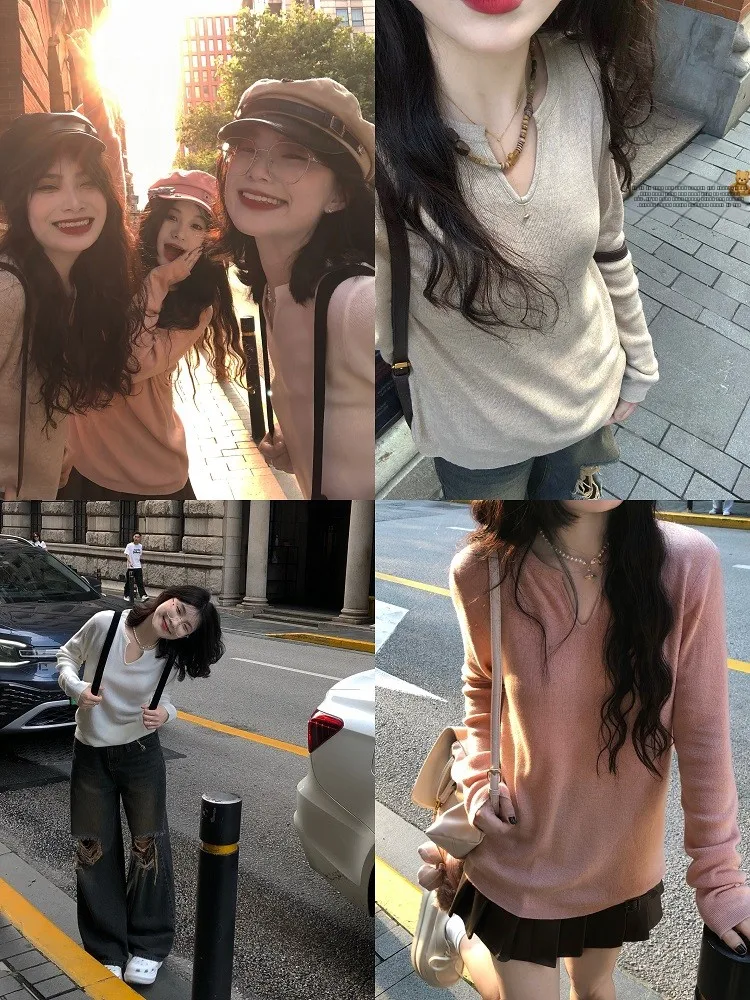 

Мягкая трикотажная длинная све irt Универсальная верхняя одежда Осенняя удобная повседневная одежда V-Ne Regular Fit Ladies Faion