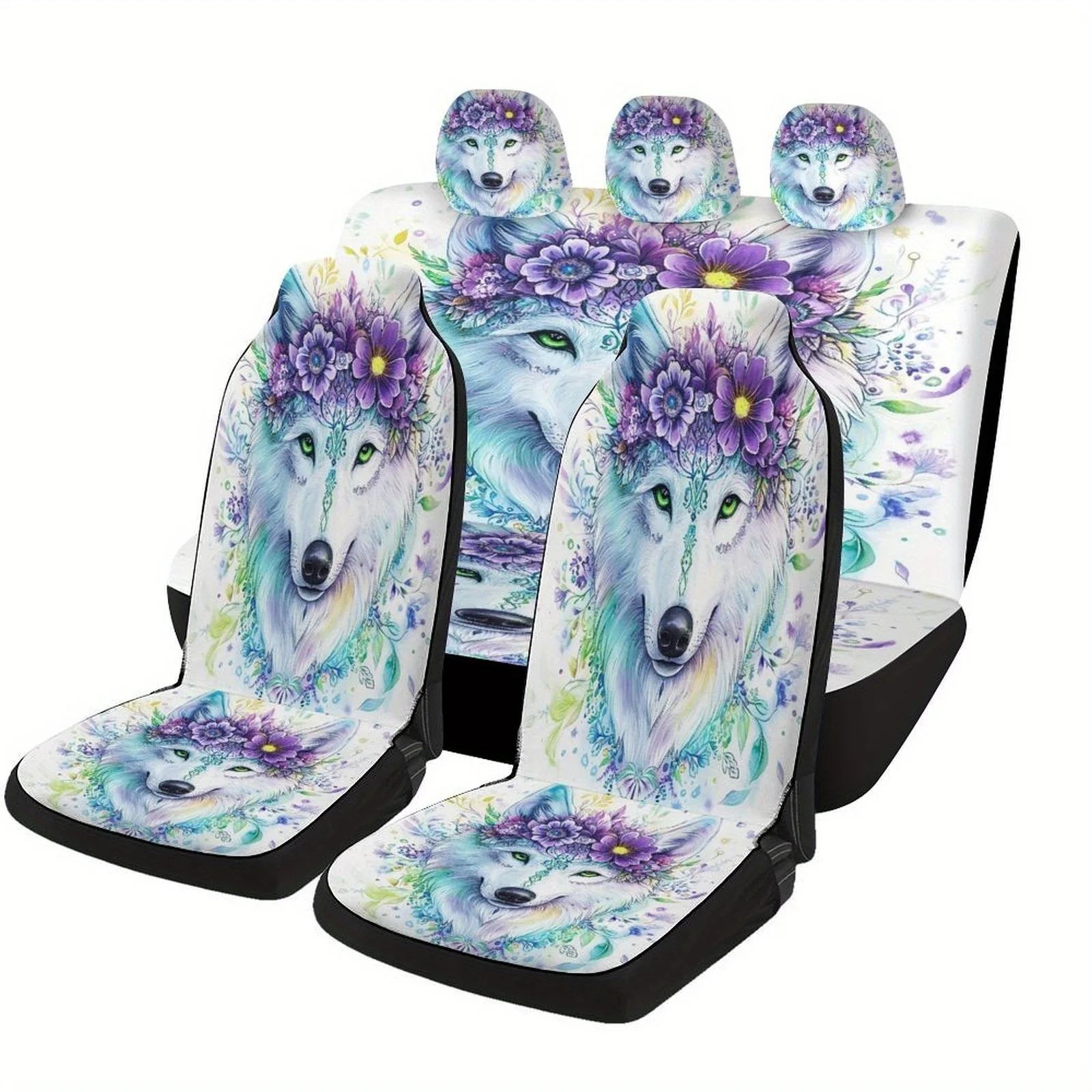 Wolf With Flowers Designed Car Seat Cover Set For Most Cars, Trendy High-quality Car Seat Protector Covers Full Set, Universal