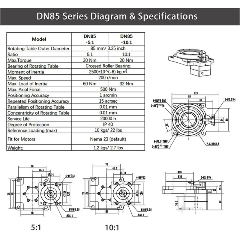 منصة دوارة مجوفة عالية الدقة لتحديد المواقع الدوارة لمحرك متدرج Nema23 استبدال محرك المحرك ومؤشر الكاميرا ﻿
