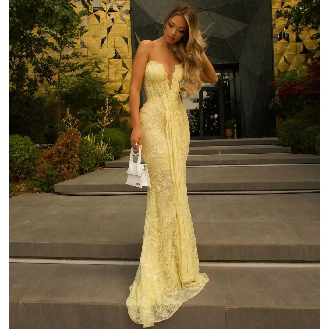 

Lace Evening Dresses Illusion Bodice Sweetheart Wedding Party Dress Customized Removable Sleeves Prom Gown Pleat Vestidos