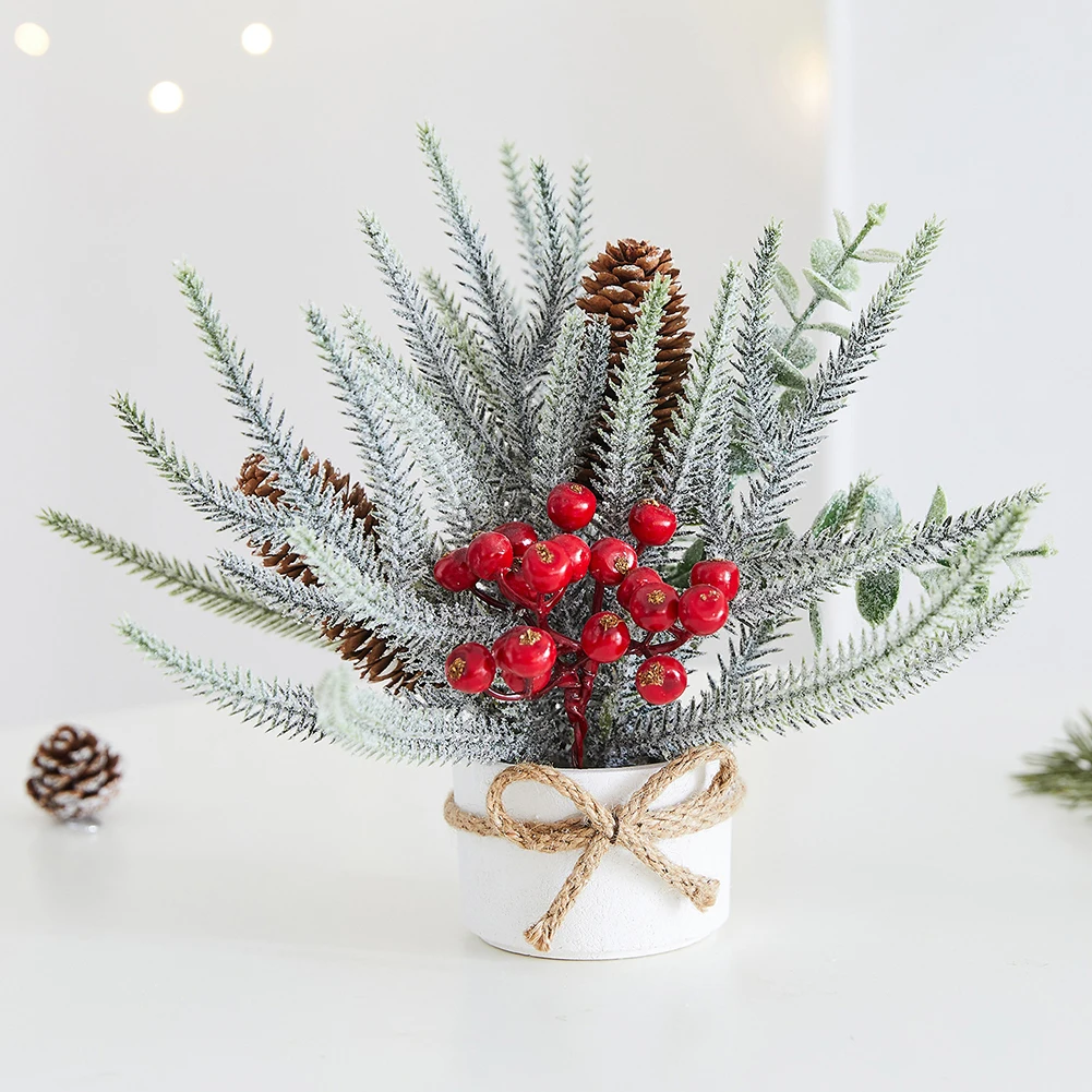 Miniature Pines Tree With Red Berries Versatile Desktop Scene Prop For Cozy Home Christmas Decor