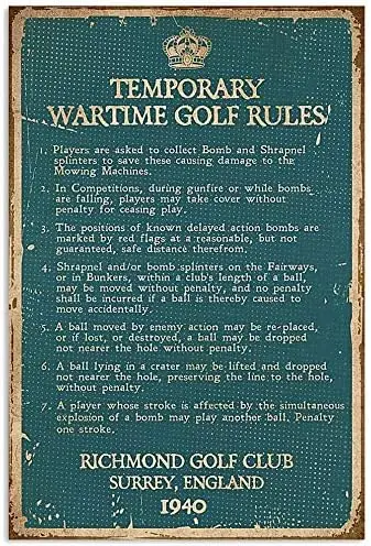 Golf Temporary Wartime Golf Rules Metal Sign Retro Vintage Tin Sign Metal Poster Wall Art Decor 8X12 Inches