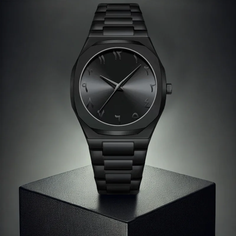 1 قطعة ساعة كوارتز بشريط أسود للرجال بتصميم بسيط ومتعددة الاستخدامات ومؤشر رقمي فريد من نوعه