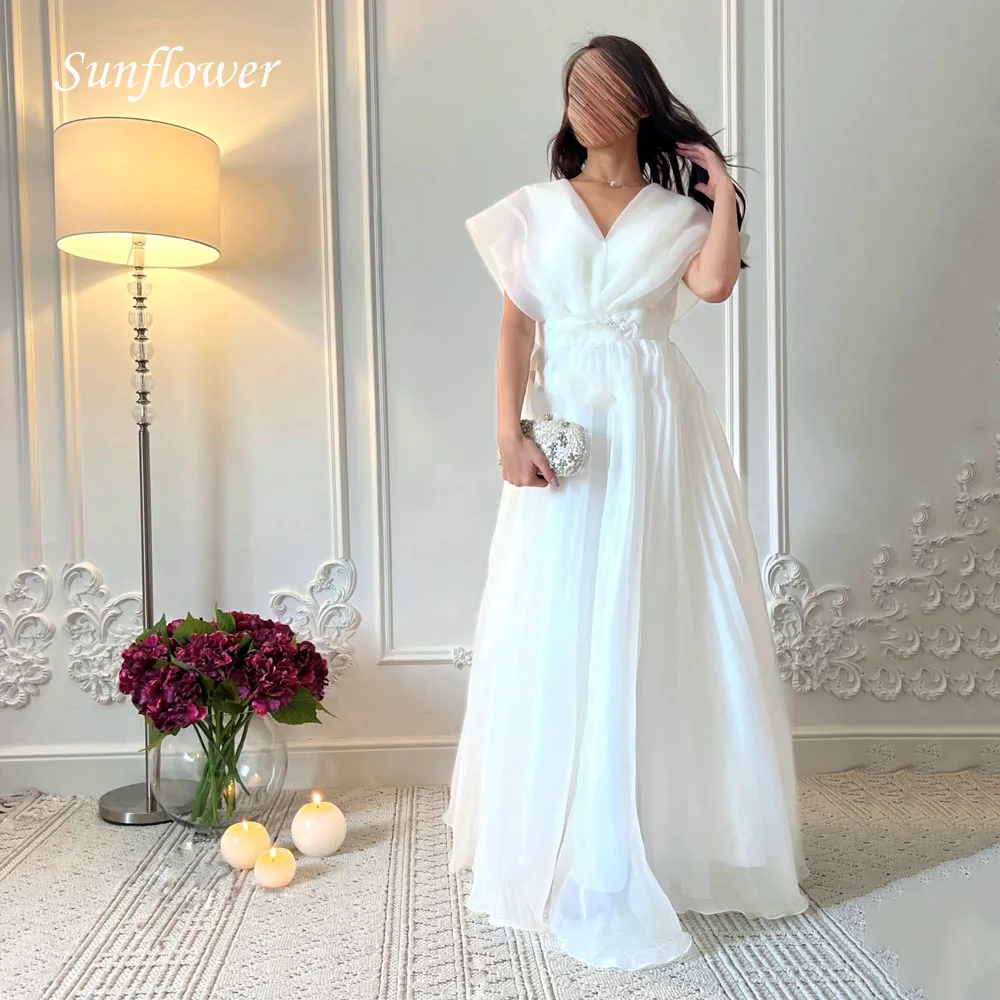 

Sunflower V-Neck Prom Gowns Cap Sleeve Evening Dress Slim Organza A-LINE Party Dress 2023 Ankle-Length High-end Custom