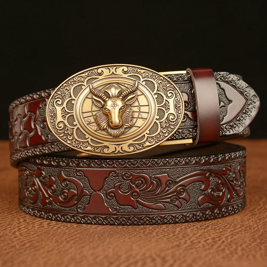 Cinturón de cuero genuino de alta calidad para hombres, cabeza de oveja Retro, hebilla automática, moda clásica, tallado personalizado, cinturón