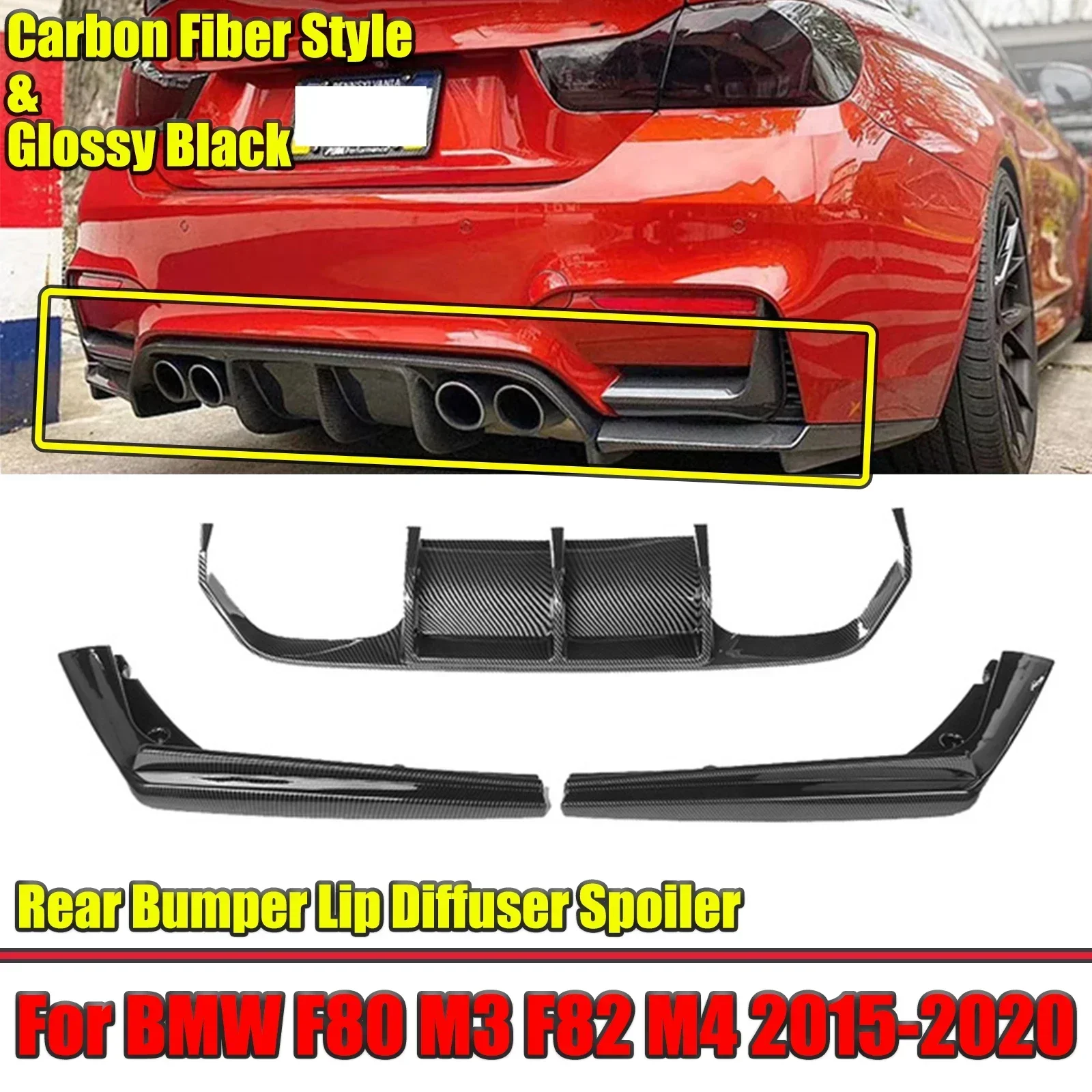 Car Rear Bumper Diffuser For BMW F80 M3 F82 M4 2015-2020 Spoiler Side Splitters Apron Flaps Carbon Fiber Style 3Pcs Accessories