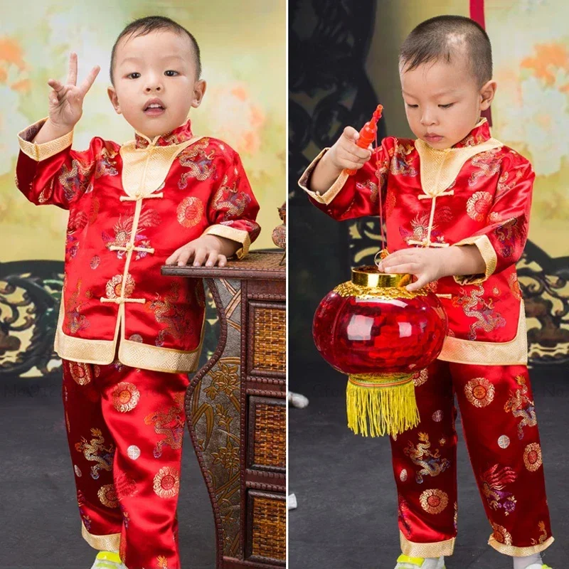 Newborn Baby Chinese Style Red Tang Suit Children Qipao Shirts Tops Pants Kids Dragon Phoenix Embroidery Festive Outfits Set