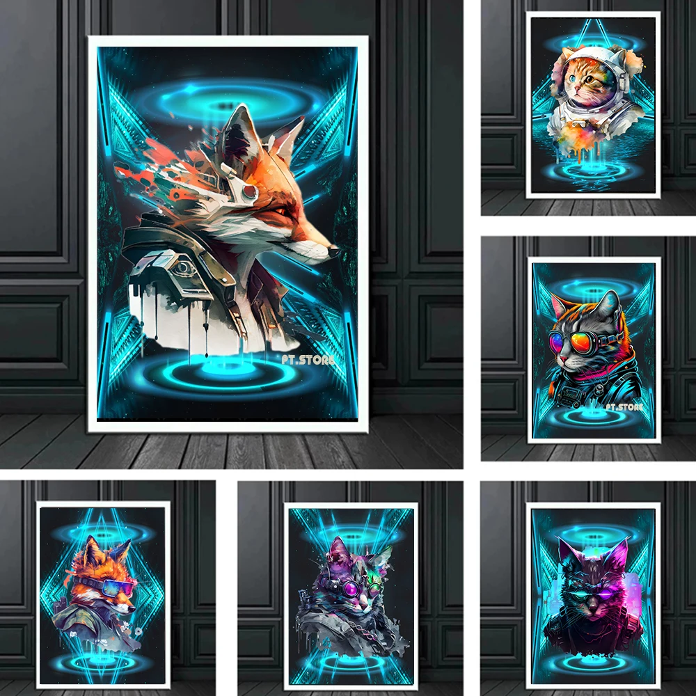 Science Fiction Mechanical Fox Modern Popular Animal Posters Cool Dj Glasses Cat Canvas Painting Game Hall Home Decor Picture