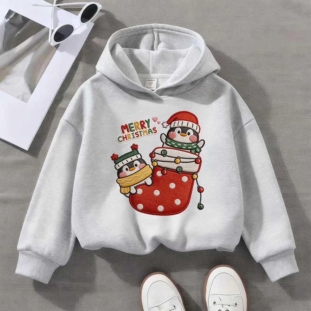 Kids Merry Christmas Penguin Stocking Hoodie Toddler Boys Girls Cute Xmas Graphic Pullover Sweatshirt for 3-14 Years