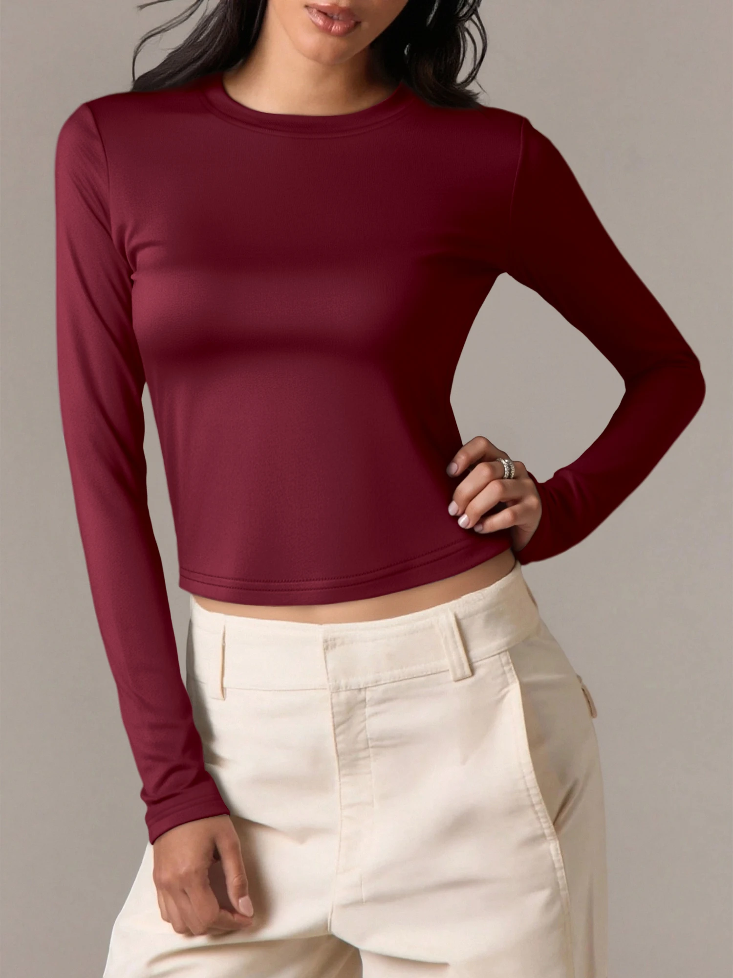 All-Match Slim Inner Wear Blouse, Short Long Sleeve Crew Neck Shirt for Cool Weather Outfits view 3