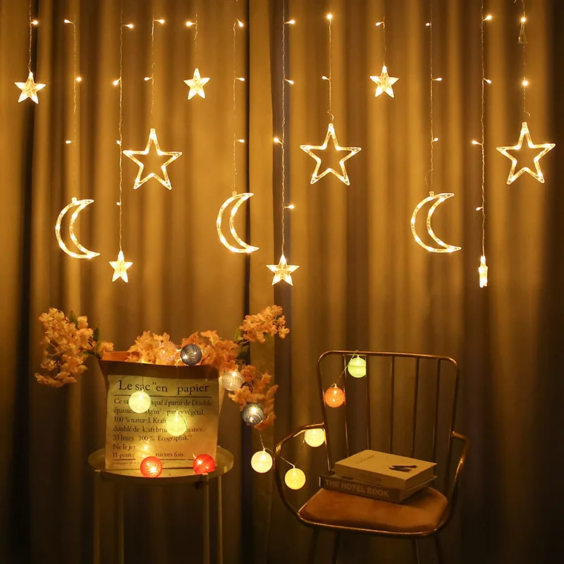 

3.5M Romantic LED Moon Star Curtain Garland Fairy String Lights Christmas Decoration Outdoor For Holiday Party New Year Wedding