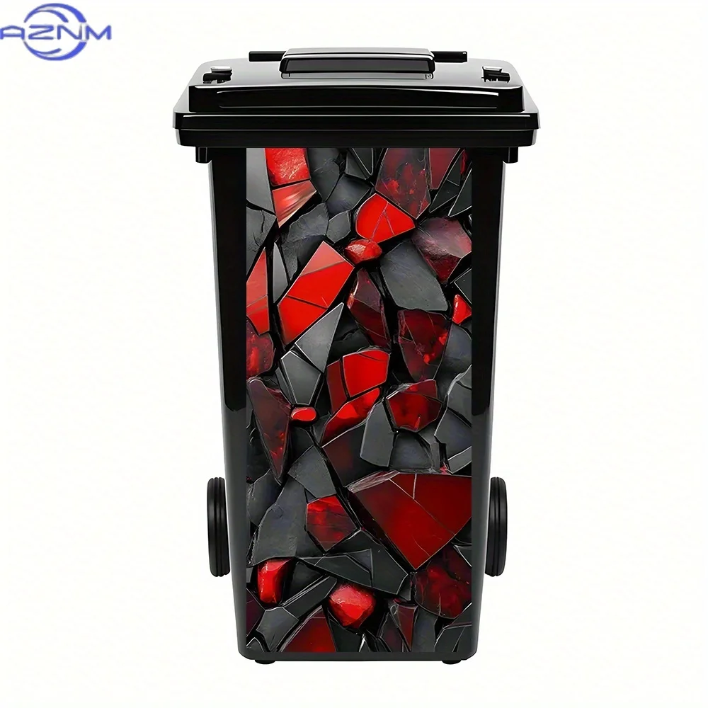 Fractured Red & Black Glass-Like Trash Can Stickers - PVC Self-Adhesive Waterproof Decals, Easy to Remove, x  Large Decorative