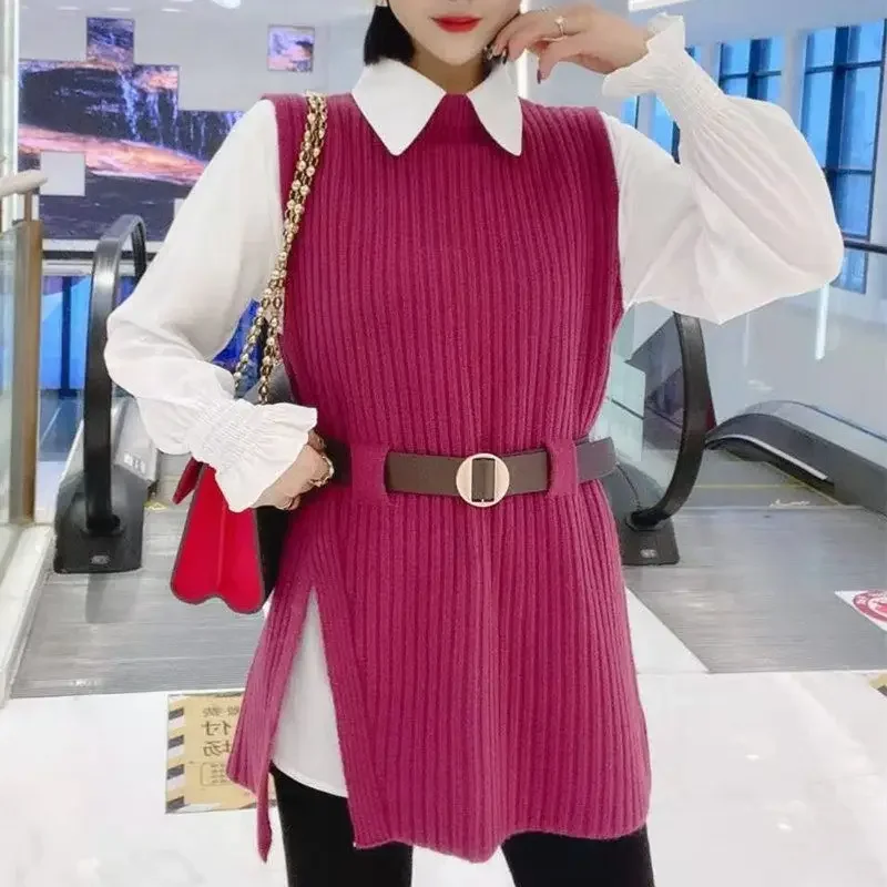 2Pcs Set Office Lady Outfits Korean Fashion Women College Winter Autumn Knitted Sweaters Vest + White Blouse Casual Belt Suit