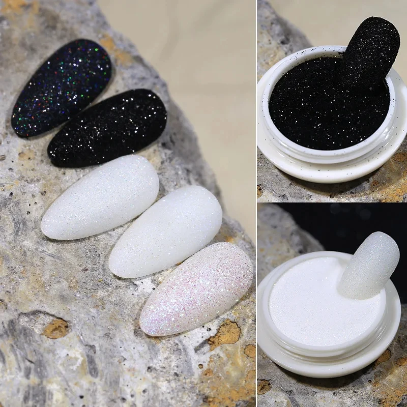 6Jars/set White/Black Shiny Nail Sugar Glitter Powder Super-fine Iridescent Black White Candy Sugar Powder UV Gel Polish Powder