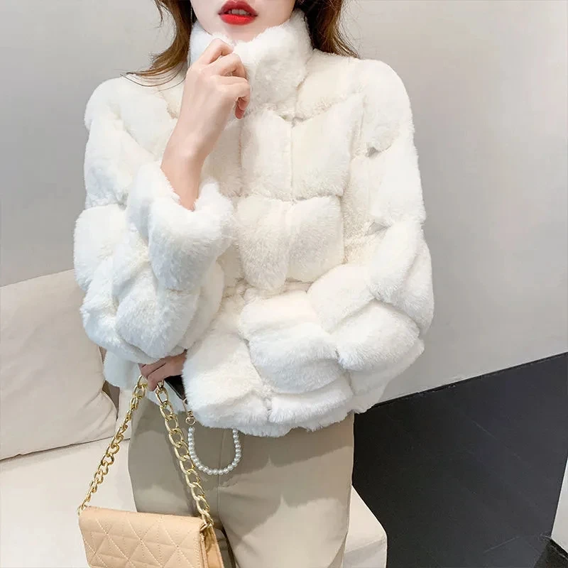 Winter New Hairy Add Thick Fashion High Collar Warm Imitation Rabbit Fur Women's Coat Lambswool Grain Wool Female Outerwear