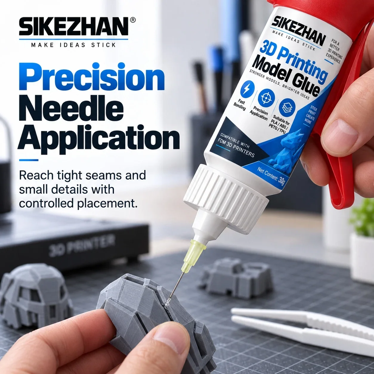SIKEZHAN 3D Printer Glue 30g Model Adhesive with Precision Needle & Tweezers for PLA ABS PETG TPU Prints DIY Repair Assembly