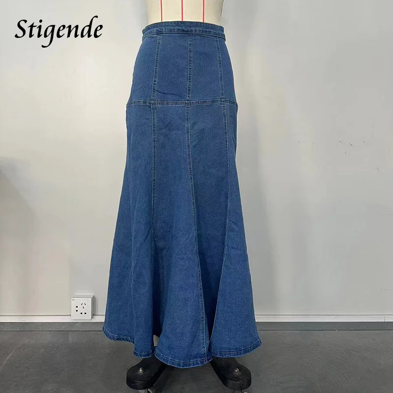 Stigende Back Zipper Denim Mermaid Maxi Skirt Women Patchwork Fit and Flare Loose Long Swing Skirt