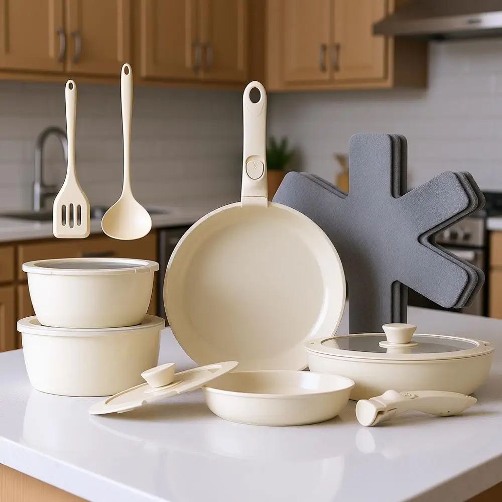 

Nonstick Detachable Handle Cookware Set, 16-Piece Kitchenware, Safe for Dishwasher and Oven Use