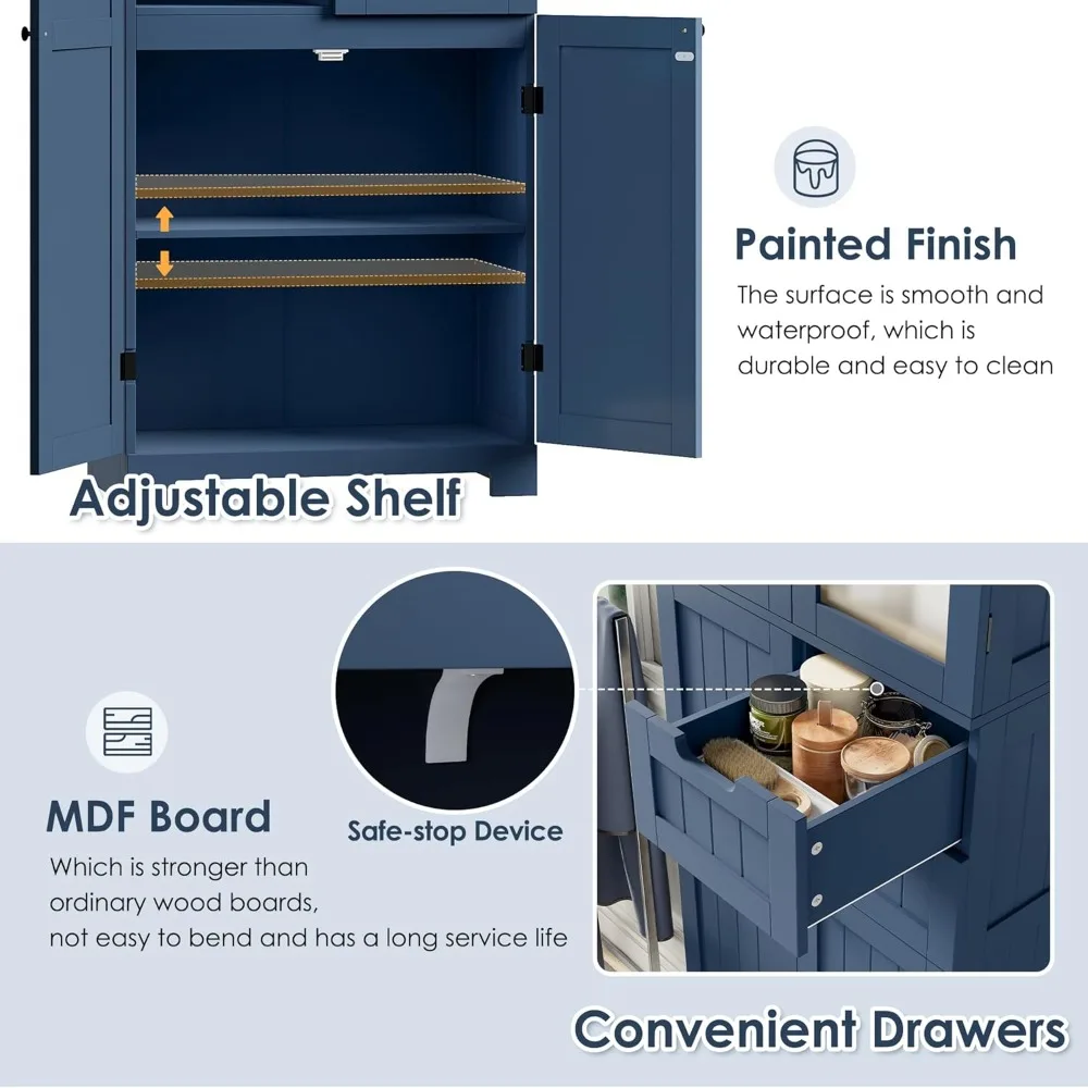 خزانة حمام بطول 67 بوصة مع أبواب زجاجية وأرفف قابلة للتعديل، وخزانة من الكتان ومخزن المطبخ مع درجين