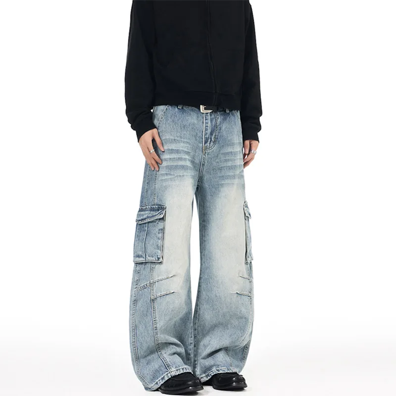 WTHT Vinatge Men's Big Pockets Gradient Pleated Cargo Denim Pants Fashion High-waisted Wide Leg Jeans Male 2025 Winter 2A2550
