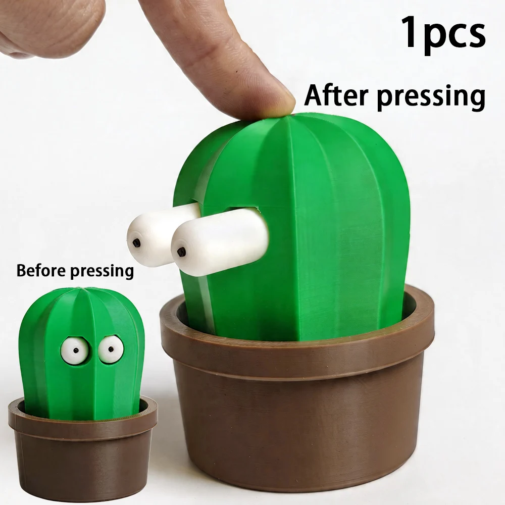 

3D Printed Cactus Fidget Toy, Push Head to Pop Out Eyes, Funny Stress Relief Squeeze Toy for Novelty Gag Gift, Cute Desk Decor