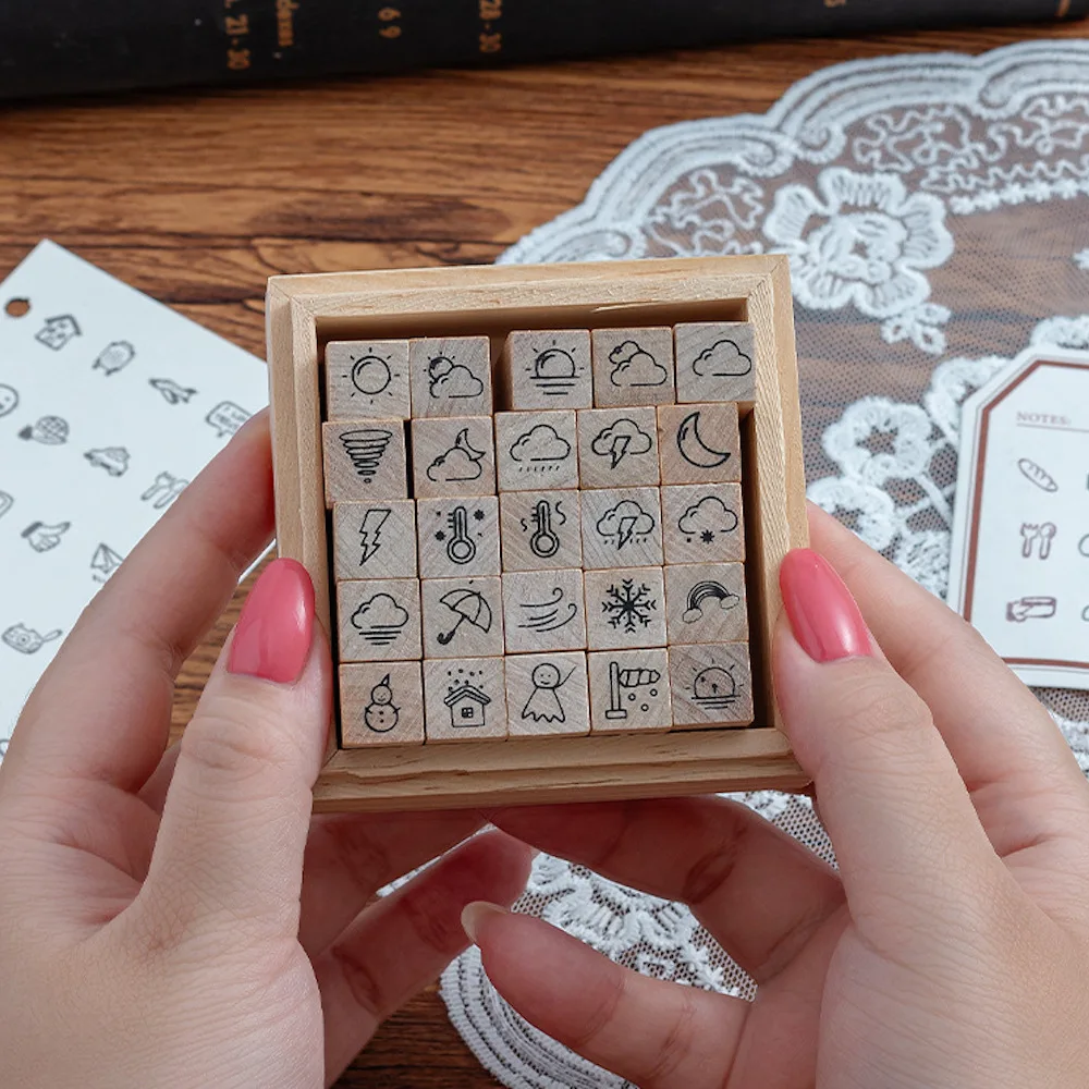 Cute Granular Wood Stamp Set for Scrapbooking Smile Face Weather Signal Daily Things Pattern Junk Journal Decoration Craft