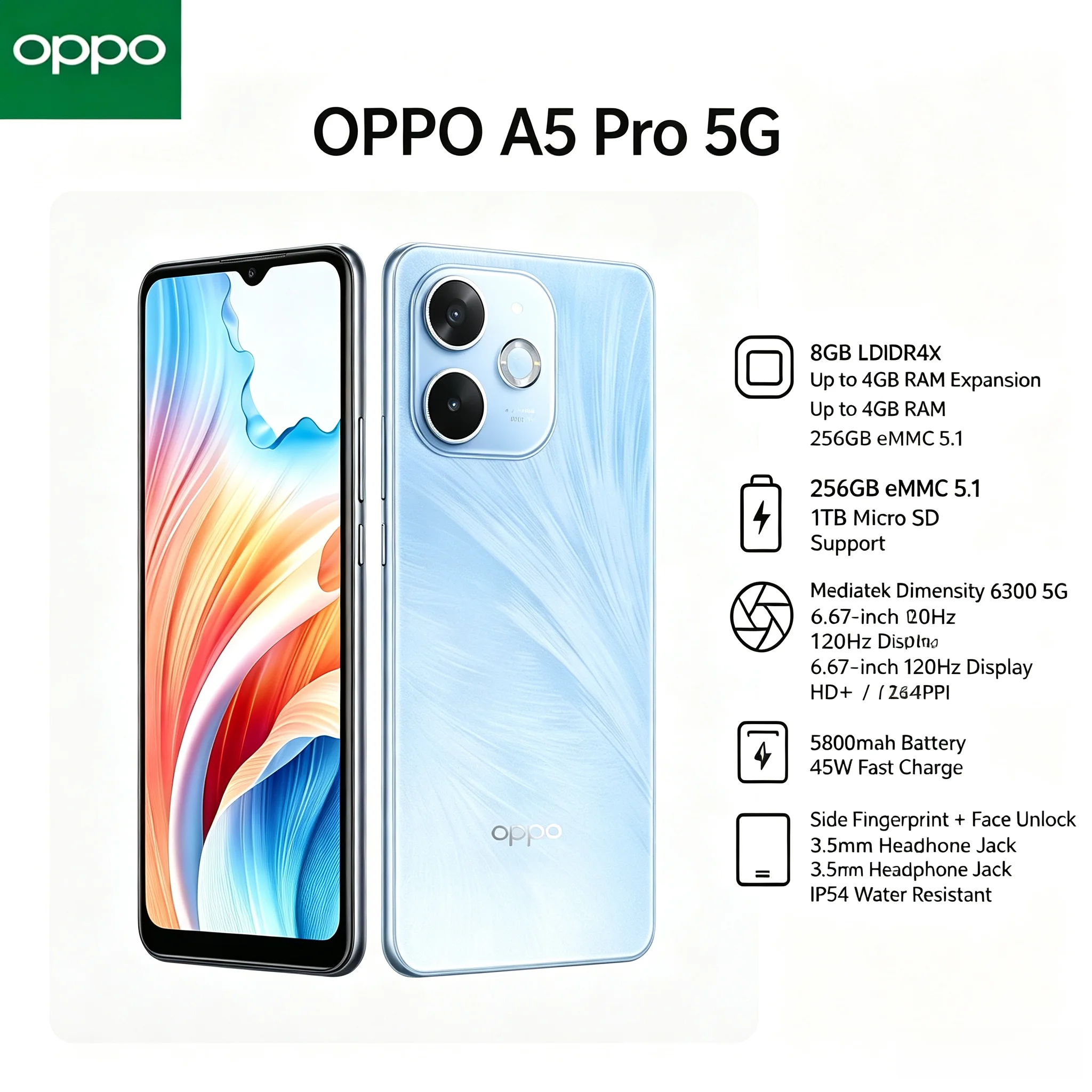 2026 new OPPO A5Pro Smartphone 8 GB RAM 256 GB ROM Dual SIM 6.5' HD+ Waterdrop Screen Helio P35 Chipset 4000mAh Battery