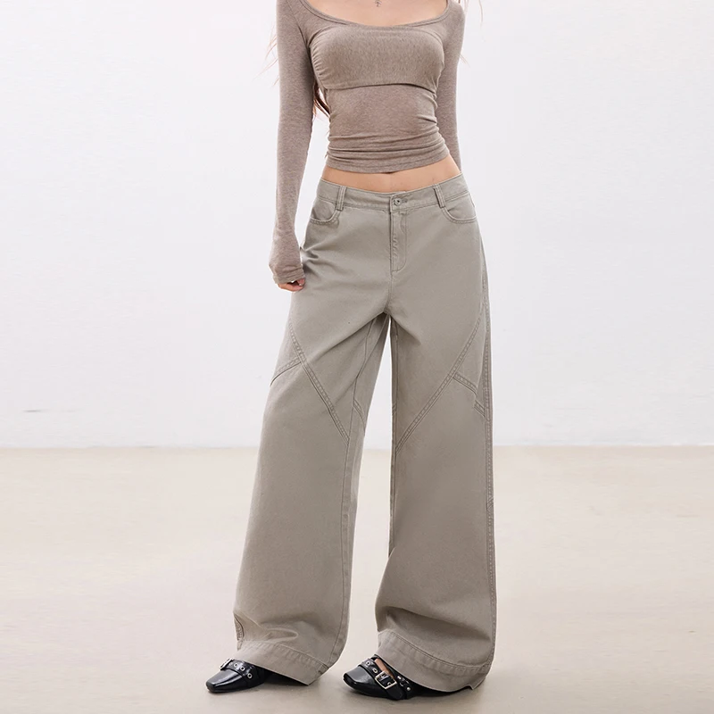 Women's Cargo Pants American Vintage Relaxed Fit Gray Cotton Mid-Rise Loose Casual Pants Fashion Streetwear Ladies Trousers