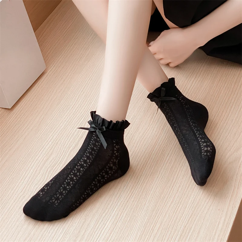 Women\'s Socks Cute Spring Summer New Solid Color Bow Sweet Short Socks Female Breathable Hollow Out Thin Socks Lace Fashion Soft