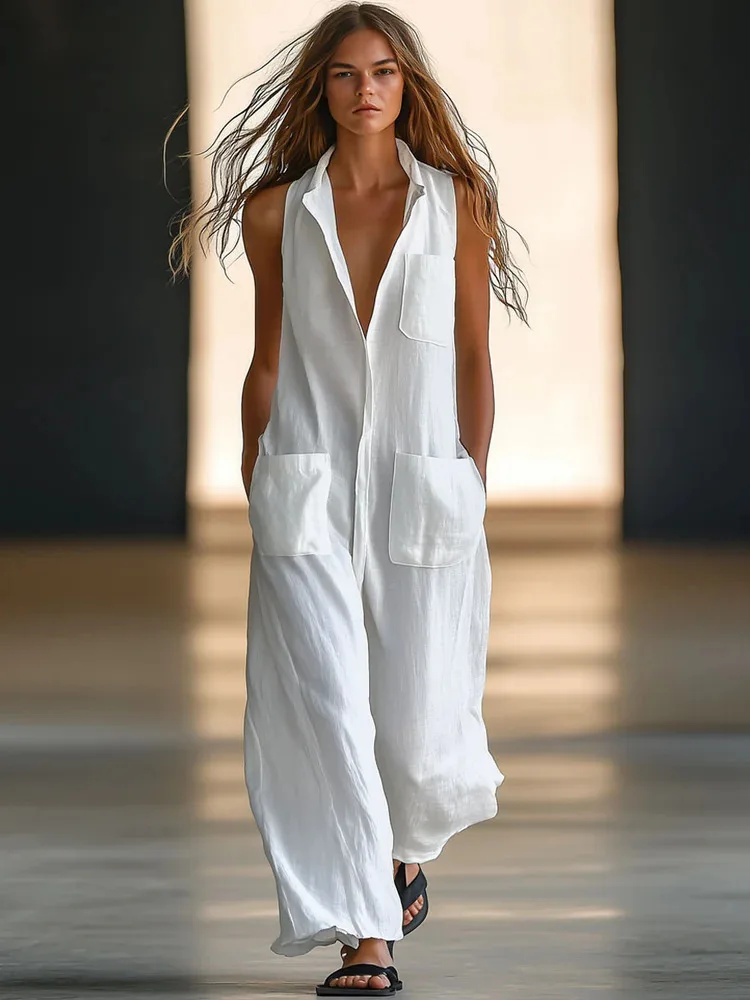 

2025 Autumn Casual Loose Sleeveless Woman Rompers Single-breasted Wide-leg Pants Fashionable Pockets Cargo Pants Jumpsuits