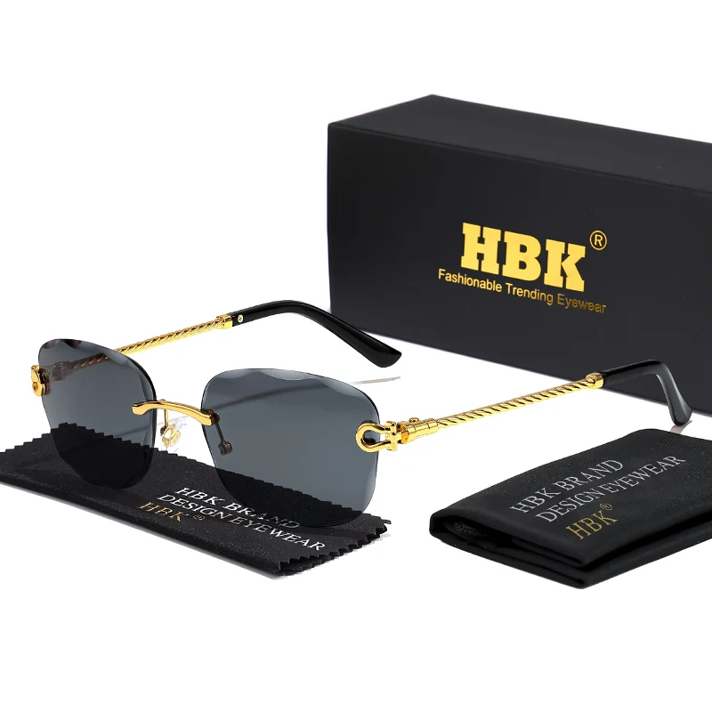 HBK Vintage Design Rahmenlose Sonnenbrille Männer Luxus Wellenschneiden Metall Sonnenbrille für Frauen Reisen Einkaufen Shades Brillen UV400 – Detail 12