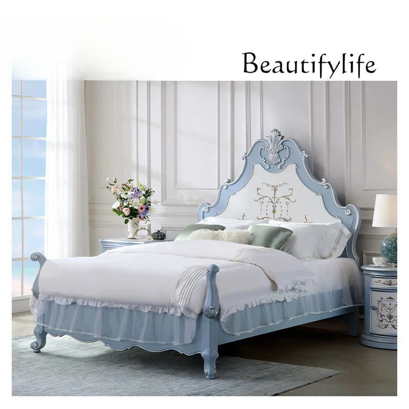 Italian sky blue solid wood double bed English three-color painted European bedroom bed