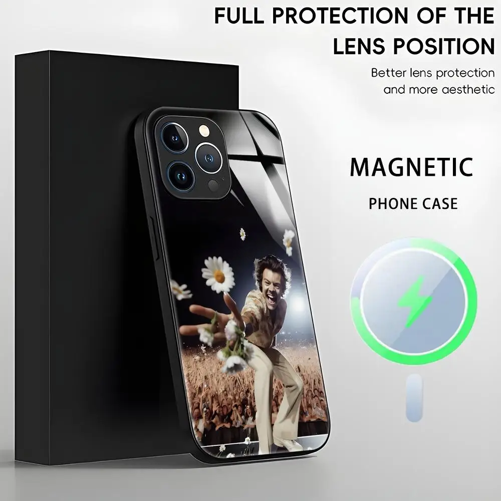 حافظة هاتف لهاتف آيفون 17 16 15 14 13 12 11 X XR XS 8 Plus Mini Pro Max المغني الشهير H-Harry S-Styles حافظة مغناطيسية زجاجية