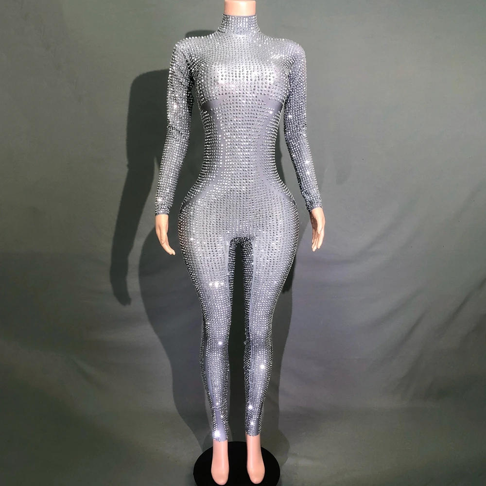 

Sparkly Silver Rhinestones Jumpsuit Long Sleeve Women Sexy Stretchy Performance Dance Costume Nightclub Singer Dancer Stage Wear