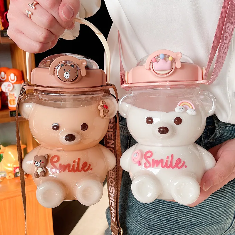 Nouvelle gourde mignonne en forme d'ours de 1000 ml avec paille, divers modes, bouteille d'eau Kawaii pour fille, enfant, maison, extérieur