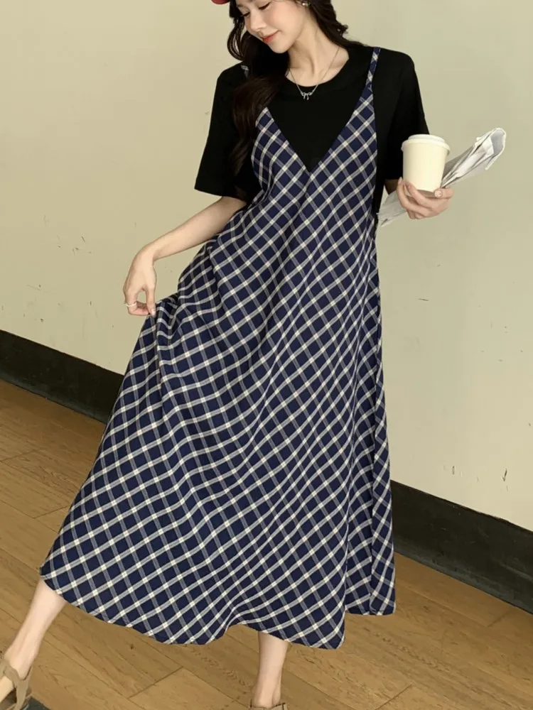 Nep tweedelige plus size zomer damesjurken satijn patchwork print vestidos vakantiestijl T-shirt vrouw jurk vrouwelijke kleding