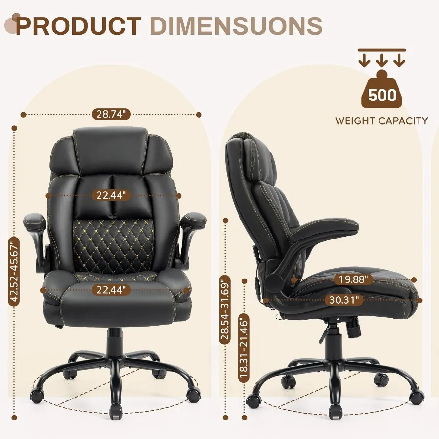Massage Office Chair, 500LBS Ergonomic Rocking Executive Desk Chairs with 4 Points VibrationandHeat, Padded Flipup Armrests for