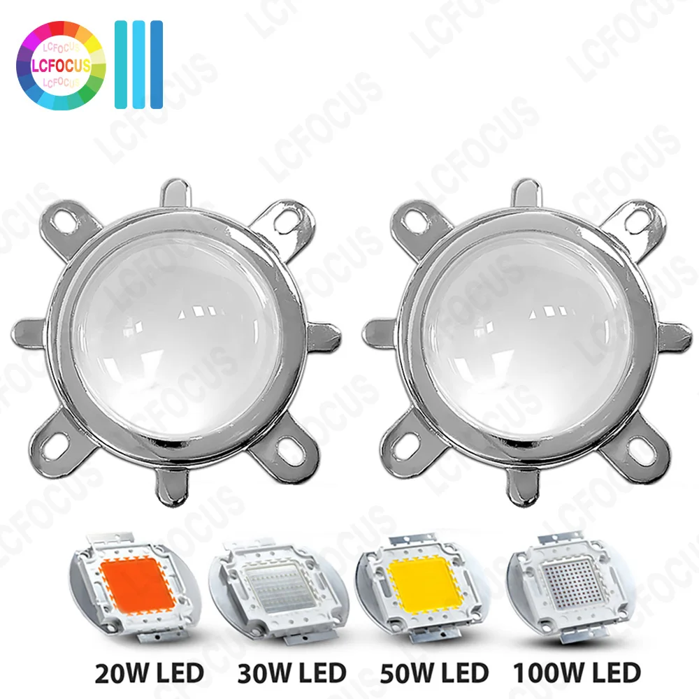 1 zestaw soczewek LED 44mm szkło optyczne 60 90 120 stopni + kolimator lustrzany 50 mm + wspornik stały, odpowiedni do chipów LED COB o mocy 20W 30W 50W 100W