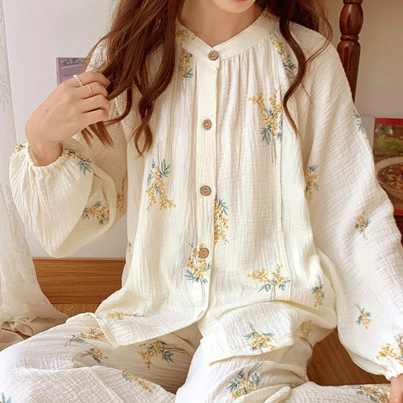 Fashion Pajama Sets for Women Single Breasted Round Neck Long Sleeve Spring Clothing Sweet Girls Outwear Full Length Loose Soft